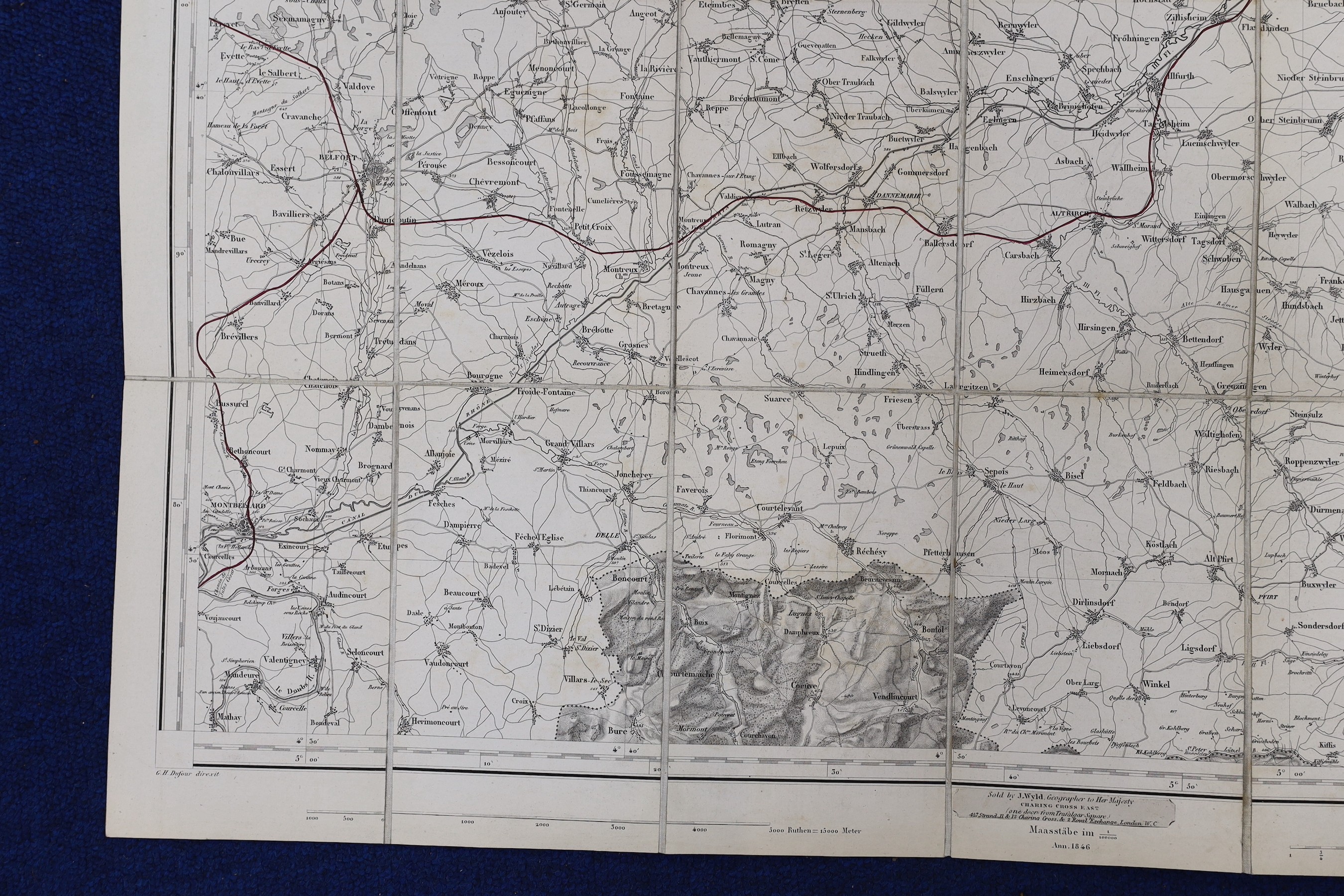 Wyld, James - Switzerland, 21 engraved linen backed folding maps, numbers 2-6, 8-13, 15, 18-25, dated 1846-1862, 56 x 78cms., in slip cases.